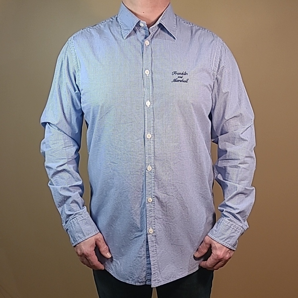 FRANKLIN & MARSHALL Men's Long Sleeved Button-Down Shirt, Blue/White Gingham